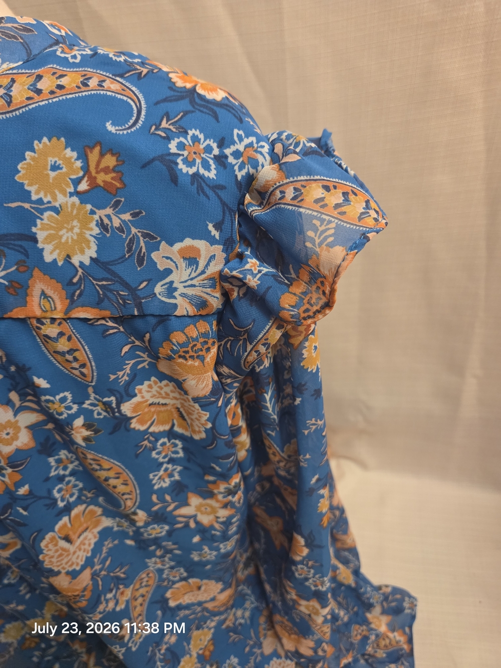 Women’s Blue Floral Paisley Tie-Neck Blouse - Picture 5 of 8